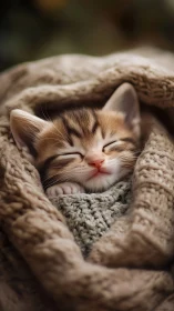Tabby Kitten Resting in Beige Knit Fabric