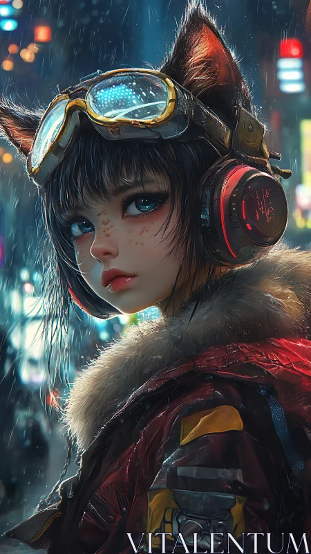 Neon city cat girl with headphones and rain slicked jacket.