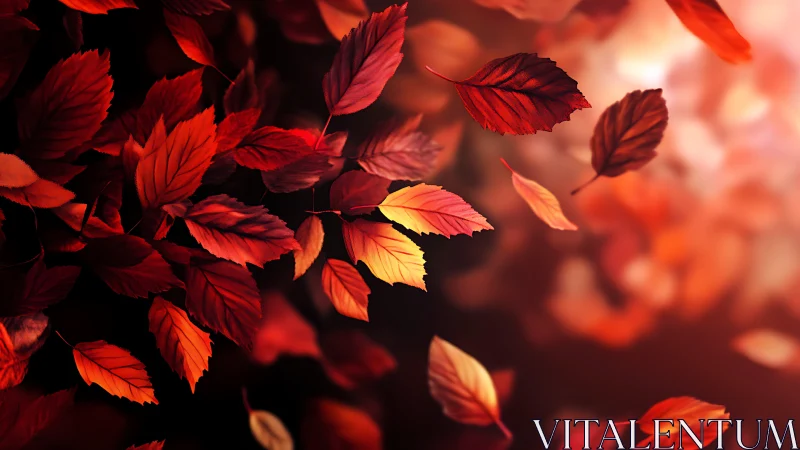 Crimson autumn leaves drift through soft glowing light.