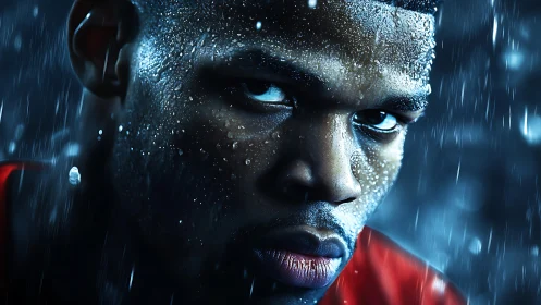 Focused athlete meets the storm with fierce determination.