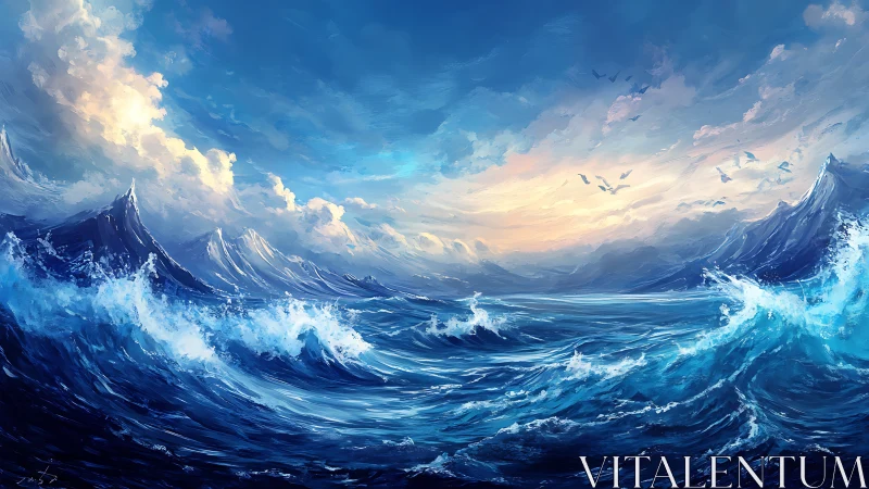 Stormy blue seascape with waves under bright sky.