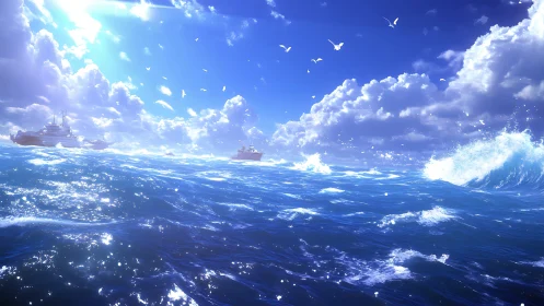 Wide ocean view shows cargo vessels under scattered cumulus clouds