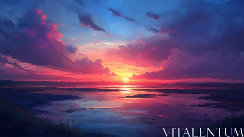 Vibrant digital seascape sunset with glowing cloud horizon.