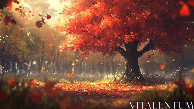 Fire-crowned autumn sentinel scattering a forest of light.