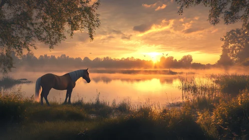 Gentle horse pauses by a glowing lake at soft sunrise