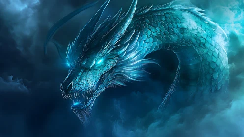 Mystic blue dragon curls through stormy clouds in glowing power