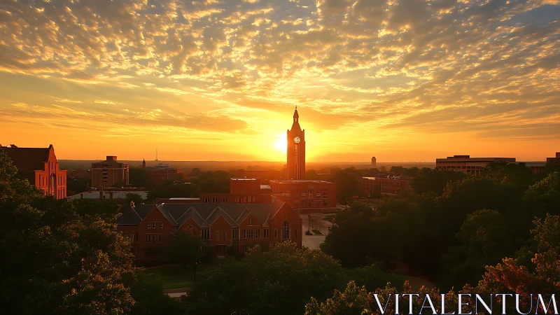Campus clock tower glows against a blazing golden sunrise.