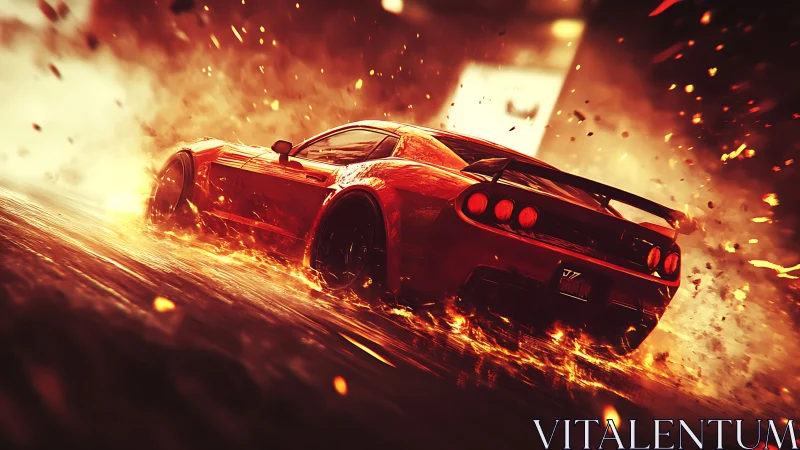 Red sports car drifting through fire and sparks on track.