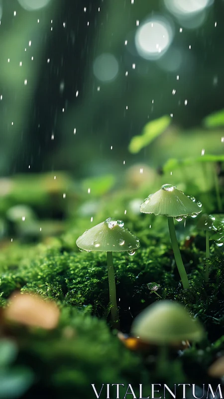 Tiny forest mushrooms stand under rain with dewdrop crowns