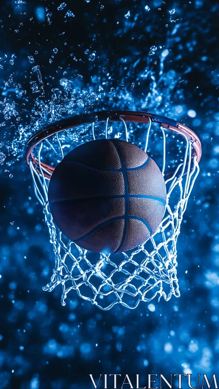 Basketball plunges through net amid blue splash lighting.