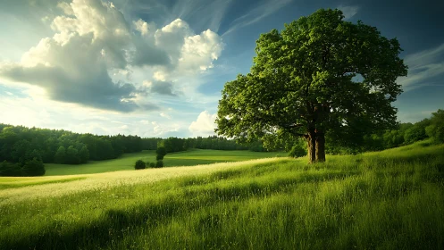 Lone meadow guardian tree basking in honeyed summer light.
