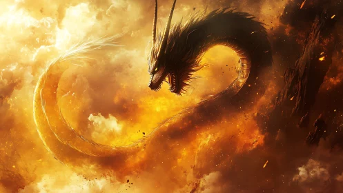 Serpentine dragon form rendered within dense golden clouds