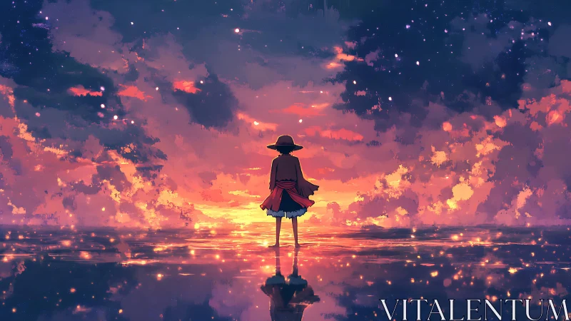 Silhouetted figure stands on reflective water at sunset sky