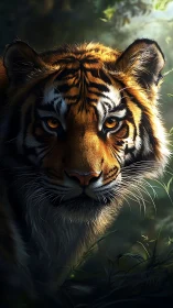 Detailed digital portrait of a tiger in shaded forest light.