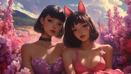 Blossom twin muses in candy-pink dreamlit meadow glow.