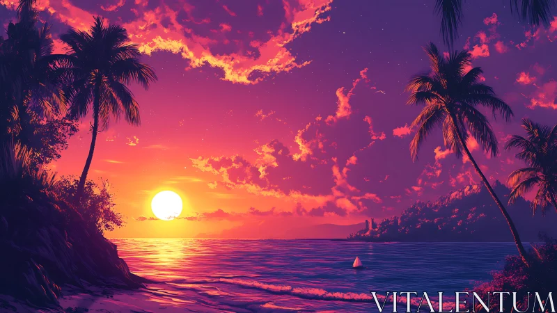 Sun descends over stylized tropical shoreline with palms