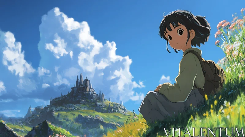 Anime hillside vista with seated girl and distant citadel composition.