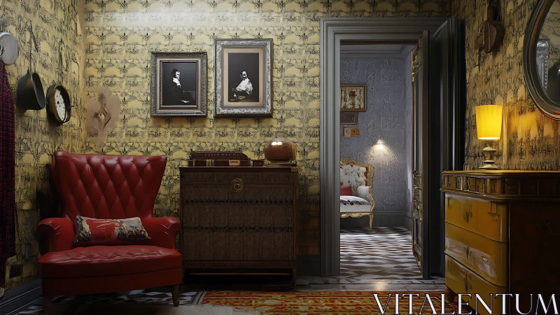 Vintage sitting room with red armchair and adjoining bedroom.