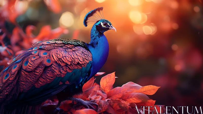 Iridescent peacock rendered against bokeh-lit crimson foliage