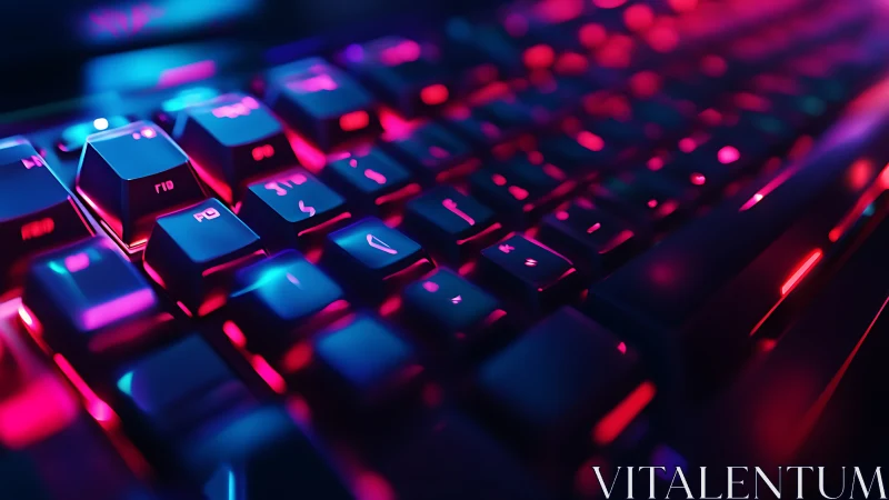 RGB gaming keyboard in neon blue and magenta light closeup.