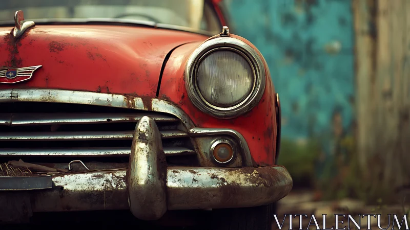 Weathered red vintage car front shows rust and wear