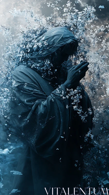 Hooded stone figure dissolves into icy blossom storm.