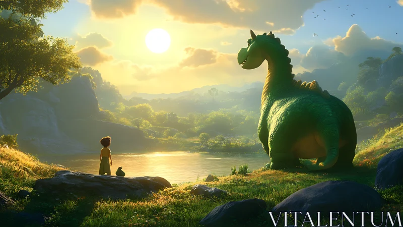 Backlit riverbank encounter of child and dragon at sunset.