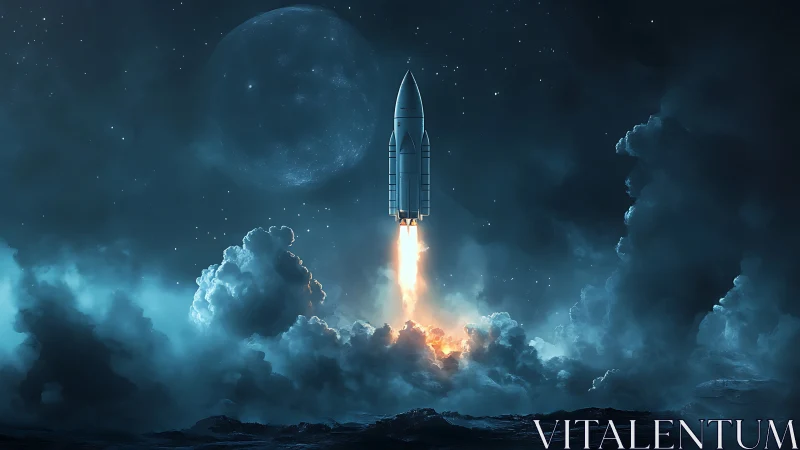 Midnight rocket ascent through luminous storm clouds.