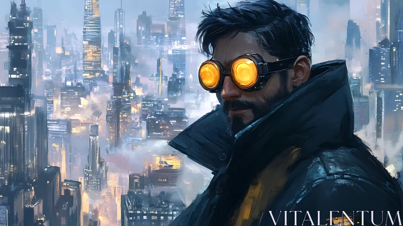 Man with illuminated goggles in dense futuristic cityscape.