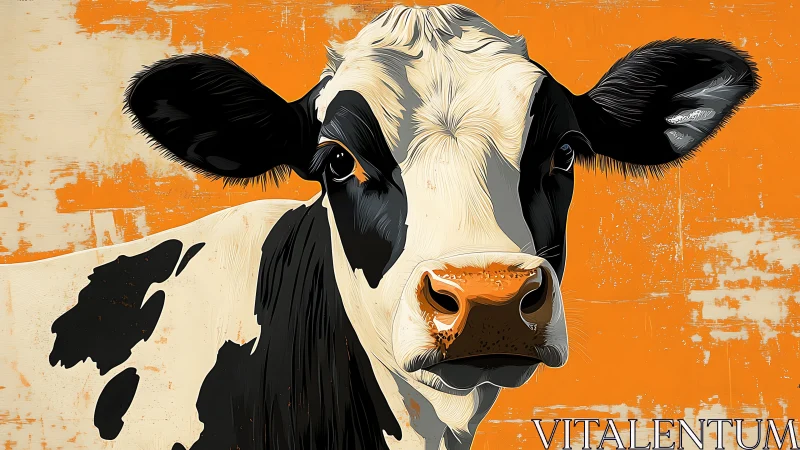 Vector-precise Holstein cow portrait on distressed orange field.