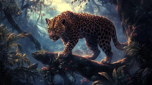 Jungle Leopard on Moss-Covered Branch: Dramatic Lighting Study.