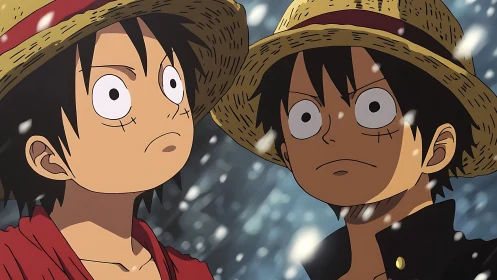 Twin straw-hatted anime boys in snowy dramatic close-up.