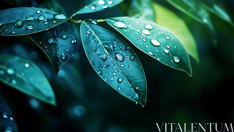 Macro optical study of rain droplets on glossy green leaves.