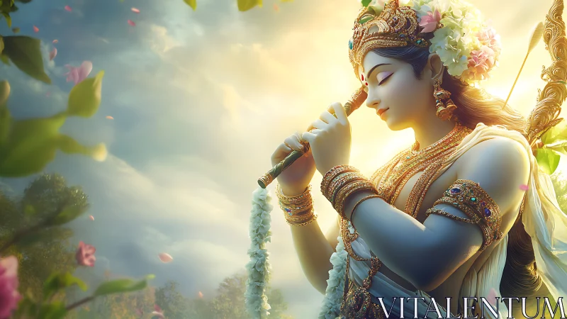 Gentle divine musician plays flute in a glowing garden light