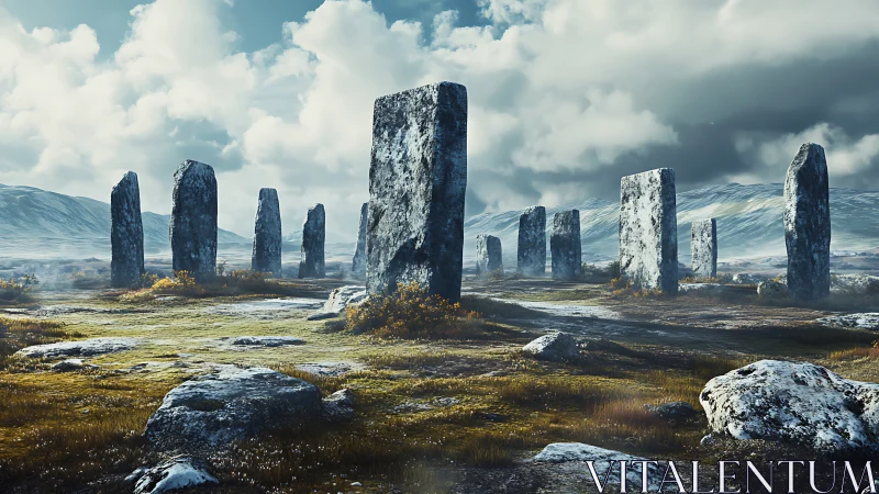 Ancient stone circle stands beneath dramatic stormlit skies
