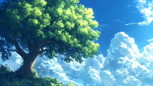 Majestic Tree Against Blue Sky in Vibrant Anime Art Style.