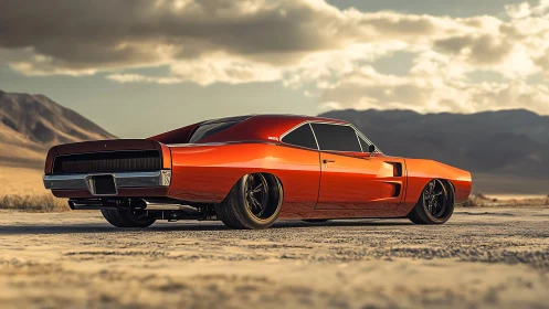 Low-slung pro-touring muscle car rendered in desert backplate.