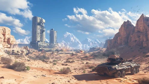 Armored vehicle near desert industrial complex and mesas.