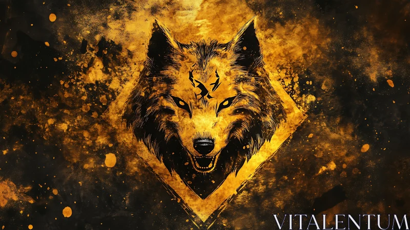 Fierce golden wolf head over abstract ink splatter field.