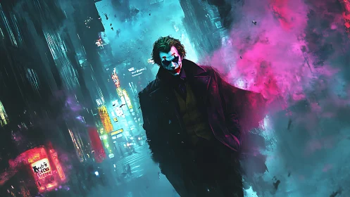 Mysterious clown figure strolling through neon city haze.