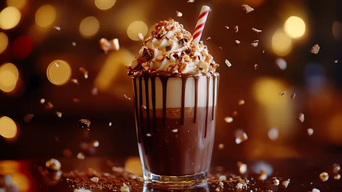 Decadent chocolate milkshake with caramel drip and whipped cream topping.