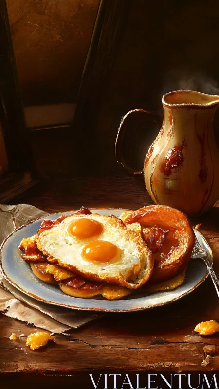 Sunlit farmhouse breakfast glows on rustic wooden table.