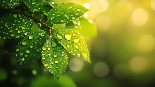 Close-up of green leaves with water droplets at sunrise.
