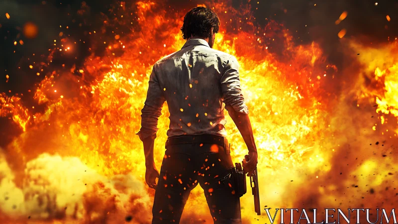 Silhouetted figure with pistol facing large-scale fire background.