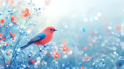 Vibrant Blue and Orange Bird in Dreamy Floral Pastel Landscape.
