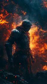 Armored knight stands engulfed in swirling battlefield fire