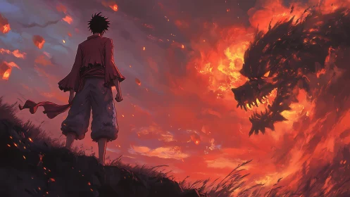 Solitary warrior confronts infernal dragon in blazing dusk sky.