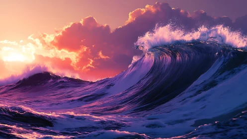 Sunlit violet waves rise against a glowing stormy sky