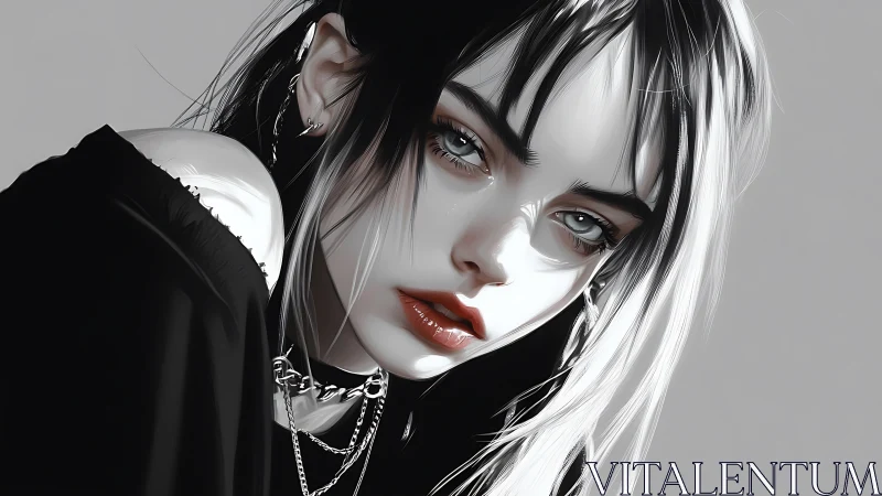 Monochrome punk portrait under stark studio lighting.