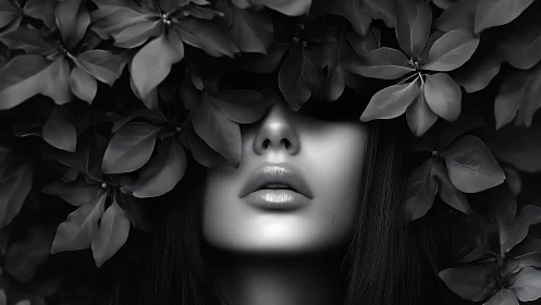 Monochrome photoreal portrait framed by dense botanical canopy.